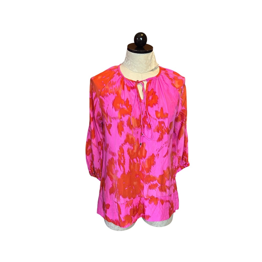 Britt Ryan Pink Orange Abstract Ikat‎ 100% Silk Keyhole Tie Neck Blouse Sz S